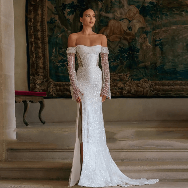 Off shoulder long sleeve mermaid wedding dress