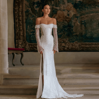 Off shoulder long sleeve mermaid wedding dress