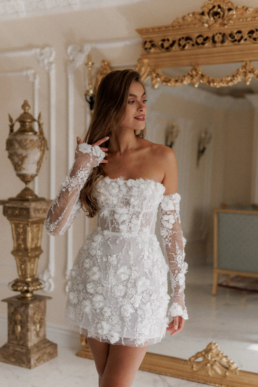 Strapless Floral Mini Wedding Dress