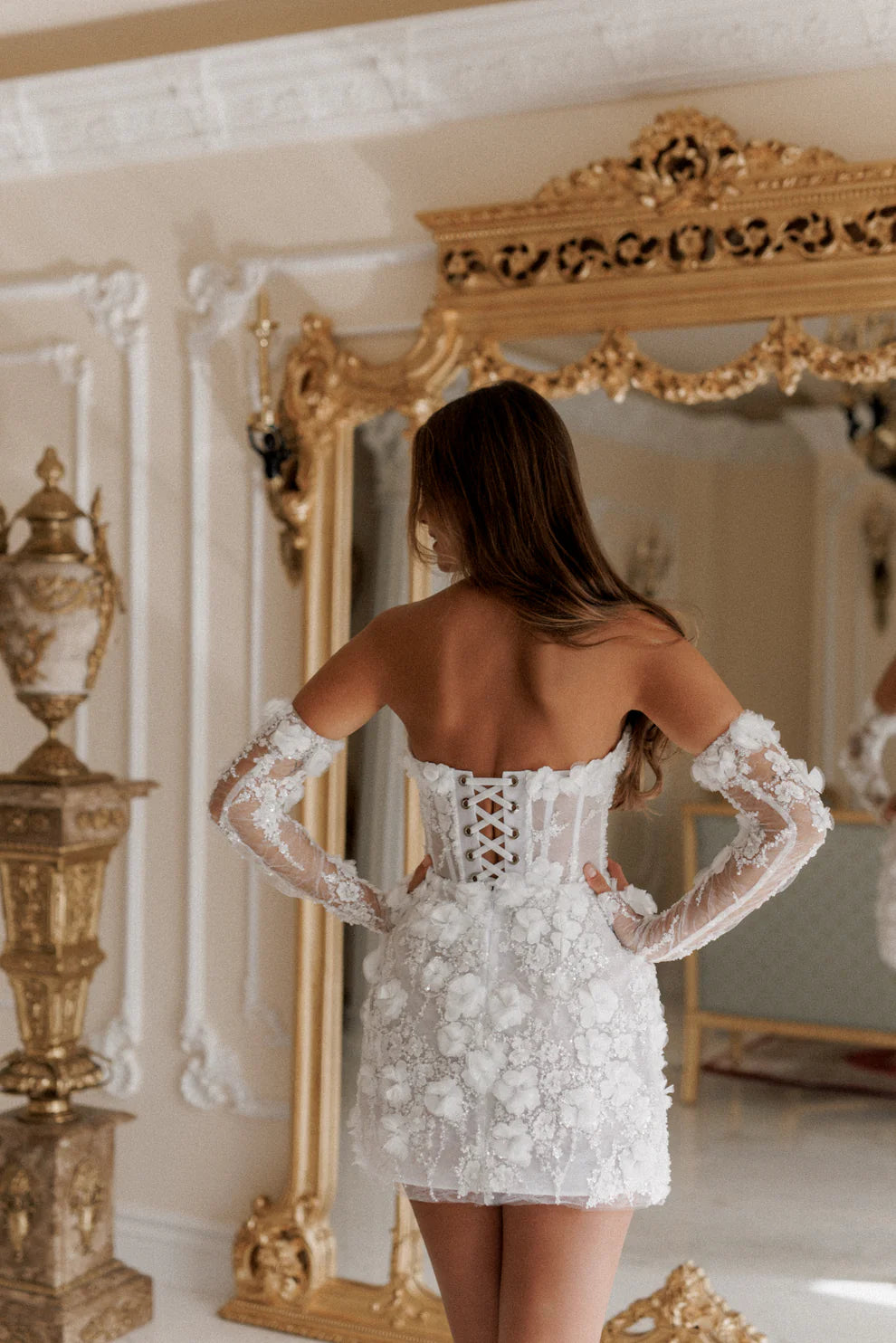 Strapless Floral Mini Wedding Dress
