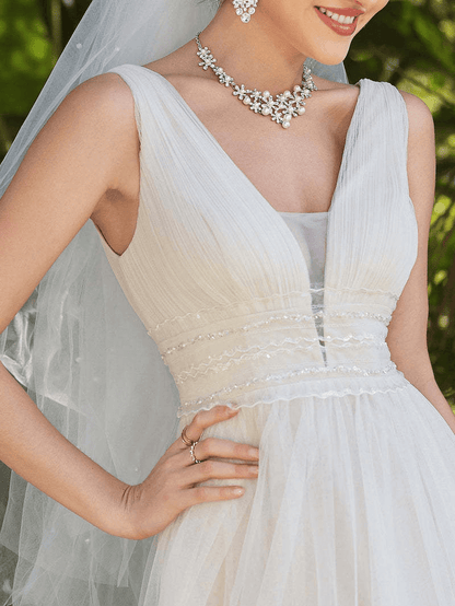 Sleeveless V-neck A-line wedding dress