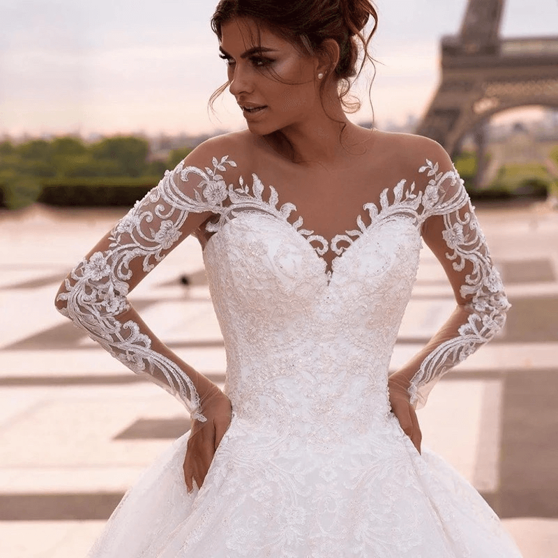 V neck wedding dresses with long sleeve | ball gown wedding dress